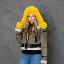 Neon Yellow Fox Fur Trapper Hat, Fluffy Ushanka with Pompoms, Real Leather & Fur Winter Hat, Fluffy Bomber Hat, Warm Gift For Teen Girl