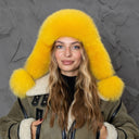 Neon Yellow Fox Fur Trapper Hat, Fluffy Ushanka with Pompoms, Real Leather & Fur Winter Hat, Fluffy Bomber Hat, Warm Gift For Teen Girl