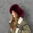 Burgundy Fox Fur Trapper Hat, Real Fur & Leather Winter Hat, Fluffy Ear Flap Hat for Her, Thick Warm Fashion Hat, Cold Weather Hat, Mom Gift