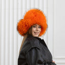 Real Raccoon Fur Trapper Hat In Orange, Fuzzy Hat With Earflaps, Black Leather Aviator Hat, Women Winter Hat, Warm Bomber Hat For Girlfriend