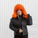 Real Raccoon Fur Trapper Hat In Orange, Fuzzy Hat With Earflaps, Black Leather Aviator Hat, Women Winter Hat, Warm Bomber Hat For Girlfriend