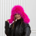 Pink Raccoon Fur Winter Hat For Her, Real Fur & Leather Trapper Hat, Fuchsia Black Ushanka, Women Bomber Hat, Warm Furry Hat, Christmas Gift