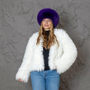 Purple Fox Fur Hat, Black Leather Mongolian Hat, Warm Fuzzy Hat, Winter Headwear, Real Fur Pill Box Hat, Violet Fuzzy Hat, Mom Birthday Gift