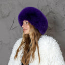 Purple Fox Fur Hat, Black Leather Mongolian Hat, Warm Fuzzy Hat, Winter Headwear, Real Fur Pill Box Hat, Violet Fuzzy Hat, Mom Birthday Gift