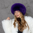 Purple Fox Fur Hat, Black Leather Mongolian Hat, Warm Fuzzy Hat, Winter Headwear, Real Fur Pill Box Hat, Violet Fuzzy Hat, Mom Birthday Gift