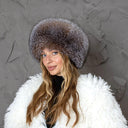 Premium Fox Fur Women Hat, Natural Fox Fur & Brown Leather Hat, Fluffy Mongolian Hat, Real Fur Hat Flat Top, Luxury Christmas Gift For Wife