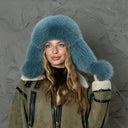 Teal Fur Trapper Hat, Oversized Fox Fur Hat With Ear Flaps, Leather Ushanka For Woman, Aviator Fur Hat, Fluffy Head Warmer, Xmas Gift Idea