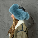 Teal Fur Trapper Hat, Oversized Fox Fur Hat With Ear Flaps, Leather Ushanka For Woman, Aviator Fur Hat, Fluffy Head Warmer, Xmas Gift Idea