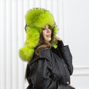 Neon Green Raccoon Fur Trapper Hat, Vibrant Aviator Hat, Women Real Leather Bomber Hat, Fluffy Ushanka, Hat With Ear Flaps, Teen Girl Hat