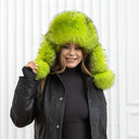 Neon Green Raccoon Fur Trapper Hat, Vibrant Aviator Hat, Women Real Leather Bomber Hat, Fluffy Ushanka, Hat With Ear Flaps, Teen Girl Hat