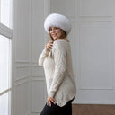 White Fox Fur Hat with Black Tips, Real Fox Fur & Leather Mongolian Hat, Fashion Pill Box Hat, Cozy Fluffy Hat, Warm Furry Hat, Gift For Mom
