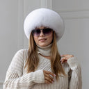 White Fox Fur Hat with Black Tips, Real Fox Fur & Leather Mongolian Hat, Fashion Pill Box Hat, Cozy Fluffy Hat, Warm Furry Hat, Gift For Mom
