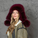 Burgundy Fox Fur Trapper Hat, Real Fur & Leather Winter Hat, Fluffy Ear Flap Hat for Her, Thick Warm Fashion Hat, Cold Weather Hat, Mom Gift