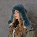 Blue-Green Fox Fur Trapper Hat For Women, Fluffy Aviator Hat With Earflaps and Pompoms, Real Fur & Leather Ushanka, Fashion Bomber Hat Gift