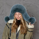 Blue-Green Fox Fur Trapper Hat For Women, Fluffy Aviator Hat With Earflaps and Pompoms, Real Fur & Leather Ushanka, Fashion Bomber Hat Gift