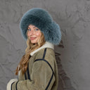 Blue-Green Fox Fur Trapper Hat For Women, Fluffy Aviator Hat With Earflaps and Pompoms, Real Fur & Leather Ushanka, Fashion Bomber Hat Gift