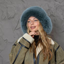 Blue-Green Fox Fur Trapper Hat For Women, Fluffy Aviator Hat With Earflaps and Pompoms, Real Fur & Leather Ushanka, Fashion Bomber Hat Gift