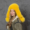 Neon Yellow Fox Fur Trapper Hat, Fluffy Ushanka with Pompoms, Real Leather & Fur Winter Hat, Fluffy Bomber Hat, Warm Gift For Teen Girl