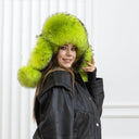 Neon Green Raccoon Fur Trapper Hat, Vibrant Aviator Hat, Women Real Leather Bomber Hat, Fluffy Ushanka, Hat With Ear Flaps, Teen Girl Hat