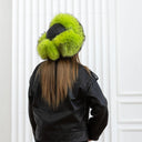 Neon Green Raccoon Fur Trapper Hat, Vibrant Aviator Hat, Women Real Leather Bomber Hat, Fluffy Ushanka, Hat With Ear Flaps, Teen Girl Hat