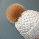 Beige Real Fur Pompom, Fluffy Pom Pom for Hat, Furry Ball with Ribbon, Fox Fur Pompom, Fuzzy Bommel, Puff Bobble, Teen Girl Hat Decoration