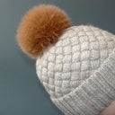 Beige Real Fur Pompom, Fluffy Pom Pom for Hat, Furry Ball with Ribbon, Fox Fur Pompom, Fuzzy Bommel, Puff Bobble, Teen Girl Hat Decoration