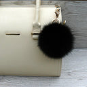 Black pom pom keychain, Fur ball bag charm, Fashion accessory for handbags, Fluffy key fob, Black fox fur key ring, Birthday gift for her