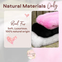 The image is a collage of two images. The top image shows a close-up of a soft, luxurious, 100% natural origin real fur, while the bottom image displays a close-up of a pile of real fur in various colors, including pink, black, and white.
