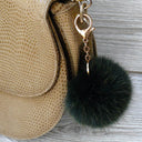 Fluffy Pom Pom Bag Charm, Dark Green Furry Keychain, Fur Ball Key Fob, Fox Fur Pom Pom Keyring, Cute Puff Keychain, Emerald Ball Key Ring