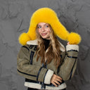 Neon Yellow Fox Fur Trapper Hat, Fluffy Ushanka with Pompoms, Real Leather & Fur Winter Hat, Fluffy Bomber Hat, Warm Fur Hat For Teen Girl