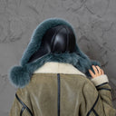 Blue-Green Fox Fur Trapper Hat For Women, Fluffy Aviator Hat With Earflaps and Pompoms, Real Fur & Leather Ushanka, Fashion Bomber Hat Gift