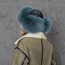 Blue-Green Fox Fur Trapper Hat For Women, Fluffy Aviator Hat With Earflaps and Pompoms, Real Fur & Leather Ushanka, Fashion Bomber Hat Gift