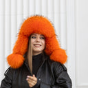Real Raccoon Fur Trapper Hat In Orange, Fuzzy Hat With Earflaps, Black Leather Aviator Hat, Women Winter Hat, Warm Bomber Hat For Girlfriend