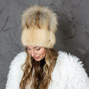 Real Mink Fur Hat with Raccoon Pompom, Fluffy Beige Winter Hat for Women, Handmade Premium Fur Beanie, Warm & Stylish Cold Weather Accessory