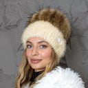 Real Mink Fur Hat with Raccoon Pompom, Fluffy Beige Winter Hat for Women, Handmade Premium Fur Beanie, Warm & Stylish Cold Weather Accessory