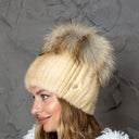 Real Mink Fur Hat with Raccoon Pompom, Fluffy Beige Winter Hat for Women, Handmade Premium Fur Beanie, Warm & Stylish Cold Weather Accessory
