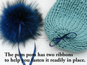 Blue fur pom pom for hat, Raccoon real fur pompoms, Removable fluffy pompon, Hat accessories, Craft supply, Fuzzy bommel with ribbons