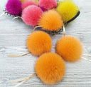 Vibrant Orange Fox Fur Bommel, Fluffy Hat Pom Pom, Large Genuine Furry Detachable Accent for Beanies, Accessory for Hat, Pompom with Ribbons
