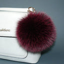 Burgundy Fur Ball Key Ring, Fur Pom Pom Keychain, Real Fox Fur Pompom Bag Charm, Fluffy Key Fob, Fuzzy Ball Purse Charm