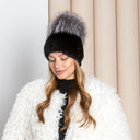 Black Mink Beanie, Fur Hat With Silver Fox Pompom, Mink Hats for Women, Warm Hat With Pom Pom, Winter Fashion Hat, Ladies Fur Hat, Mom Gift
