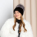 Black Mink Beanie, Fur Hat With Silver Fox Pompom, Mink Hats for Women, Warm Hat With Pom Pom, Winter Fashion Hat, Ladies Fur Hat, Mom Gift