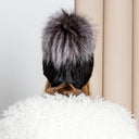 Black Mink Beanie, Fur Hat With Silver Fox Pompom, Mink Hats for Women, Warm Hat With Pom Pom, Winter Fashion Hat, Ladies Fur Hat, Mom Gift