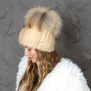 Beige Mink Fur Hat for Women with Raccoon Pompom, Fuzzy Warm Winter Headwear, Fluffy Beanie, Oversized Pompom Hat, Birthday Gift for Sister