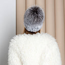 Silver Rabbit Fur Beanie with Fox Pom Pom, Real Fur Hat, Cozy Winter Warmth, Rabbit Fur Beanie, Stylish Winter Hat, Xmas Gift for Girlfriend