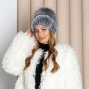 Silver Rabbit Fur Beanie with Fox Pom Pom, Real Fur Hat, Cozy Winter Warmth, Rabbit Fur Beanie, Stylish Winter Hat, Xmas Gift for Girlfriend
