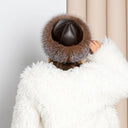 Premium Gold Fox Fur Winter Hat For Her, Women Mongolian Hat, Brown Leather Pill Box Hat, Winter Fur Accessories, Warm Fluffy Hat, Xmas Gift
