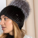 Black Mink Beanie, Fur Hat With Silver Fox Pompom, Mink Hats for Women, Warm Hat With Pom Pom, Winter Fashion Hat, Ladies Fur Hat, Mom Gift