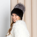 Black Mink Beanie, Fur Hat With Silver Fox Pompom, Mink Hats for Women, Warm Hat With Pom Pom, Winter Fashion Hat, Ladies Fur Hat, Mom Gift