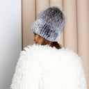 Silver Rabbit Fur Beanie with Fox Pom Pom, Real Fur Hat, Cozy Winter Warmth, Rabbit Fur Beanie, Stylish Winter Hat, Xmas Gift for Girlfriend