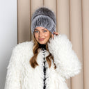 Silver Rabbit Fur Beanie with Fox Pom Pom, Real Fur Hat, Cozy Winter Warmth, Rabbit Fur Beanie, Stylish Winter Hat, Xmas Gift for Girlfriend